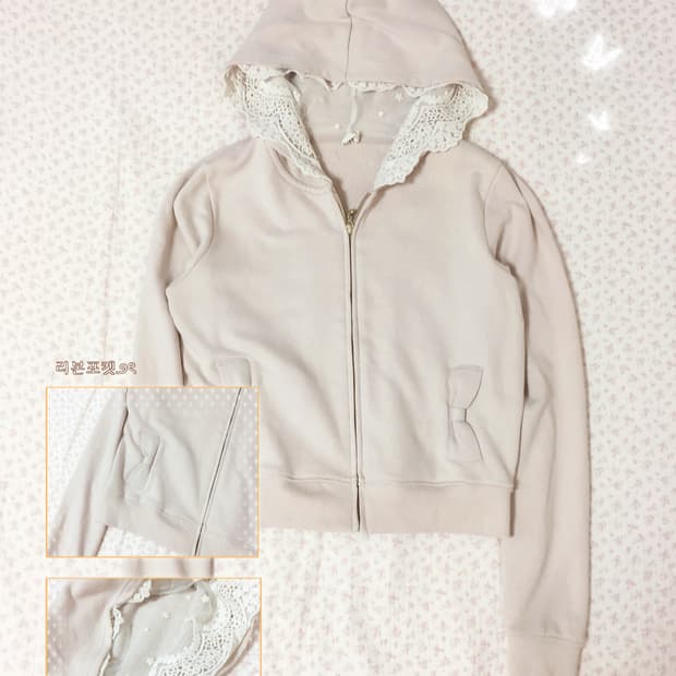빈티지 어스뮤직 리본포켓 레이스 후드집업
