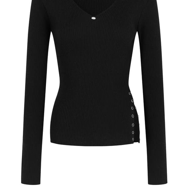 페일제이드 니트 Side Slit V-Neck Ribbed Knit T