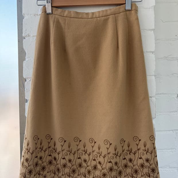 #12 Camel Floral Border Midi Skirt