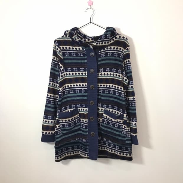 Jpn NordicPattern Hooded Fleece Cardigan