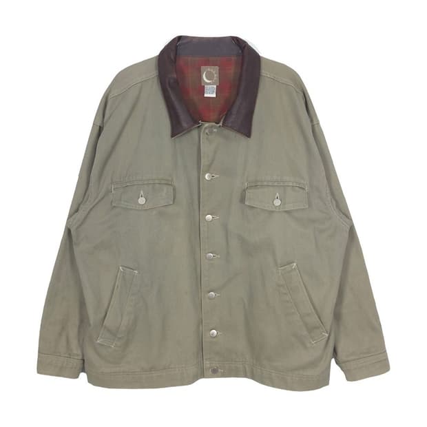 VINTAGE 레더 배색 칼라 카키 워크 자켓 XXL