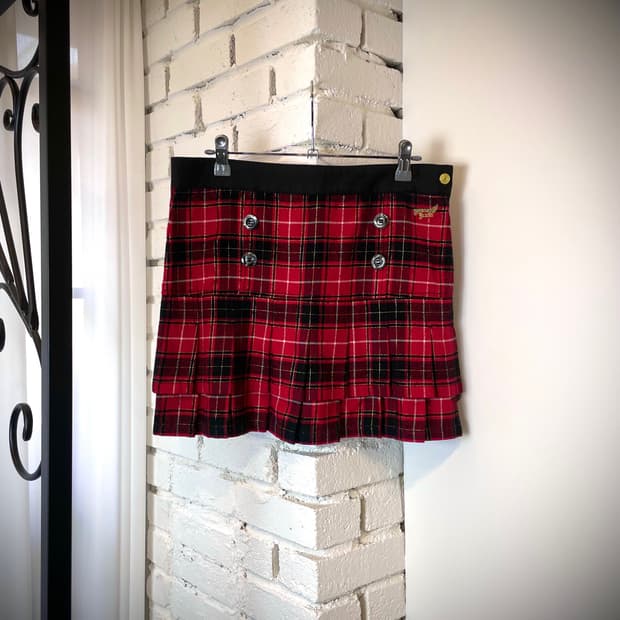 JPN 펑크 레드 체크 패턴 골드버튼 금장 스커트