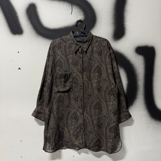 VTG 빈티지 브라운 페이즐리 패턴 원포켓 긴팔 셔츠