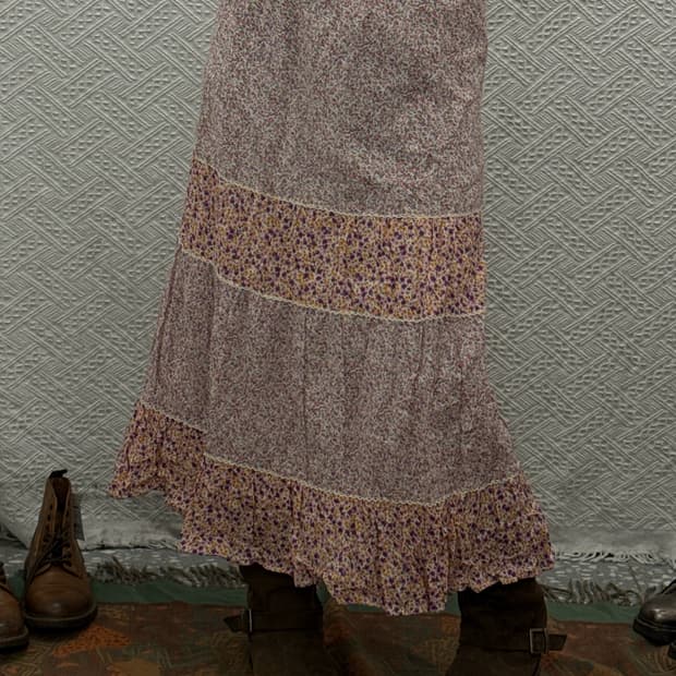 빈티지 모리걸 잔꽃 패치워크 퍼플핑크 플레어 롱스커트 K0140