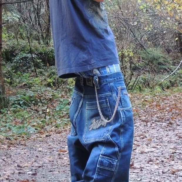 빈티지 Fubu 더 콜렉션 리플렉티브 로고 카펜터 데님 팬츠 블랙