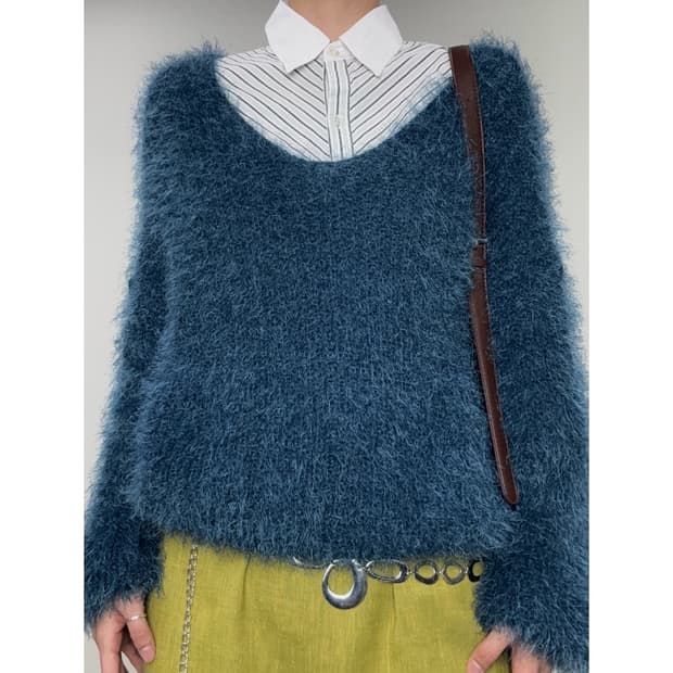 빈티지 블루 퍼 니트