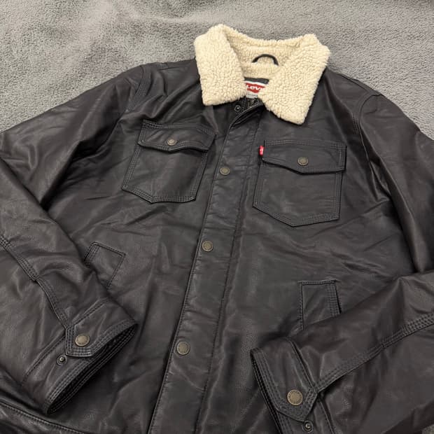 [정품] 리바이스 블랙 쉐르파 레더 가죽 트러커 자켓