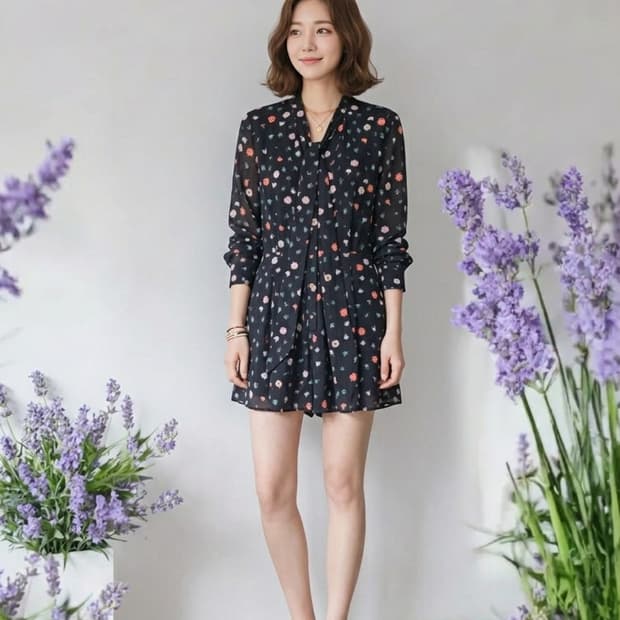 드라이완료/블랙 플로럴 자수 리본 점프수트 55