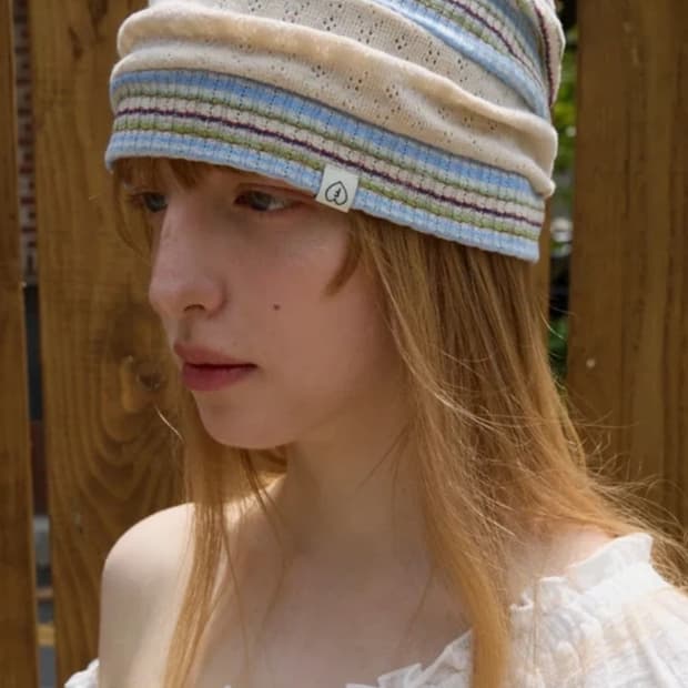 펀프롬펀 비니 Boho stripe beanie, Beige