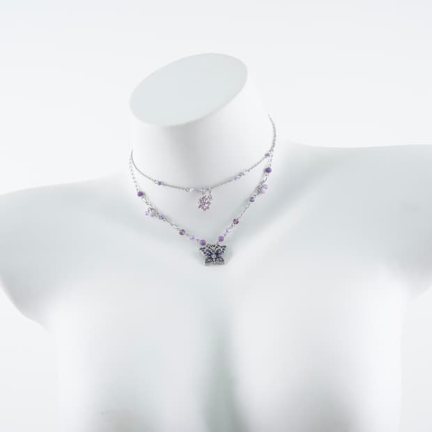 Anna Sui 퍼플 플라워 이중 레이어드 목걸이