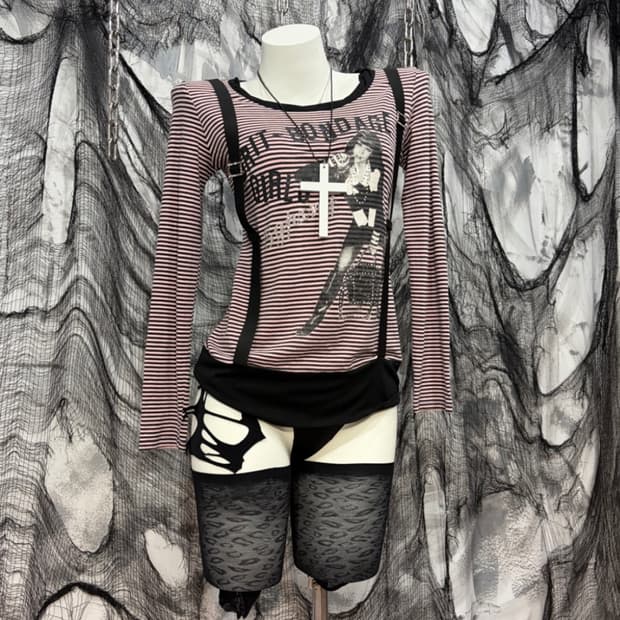 Kitsch Stripe girlish strap long sleeve