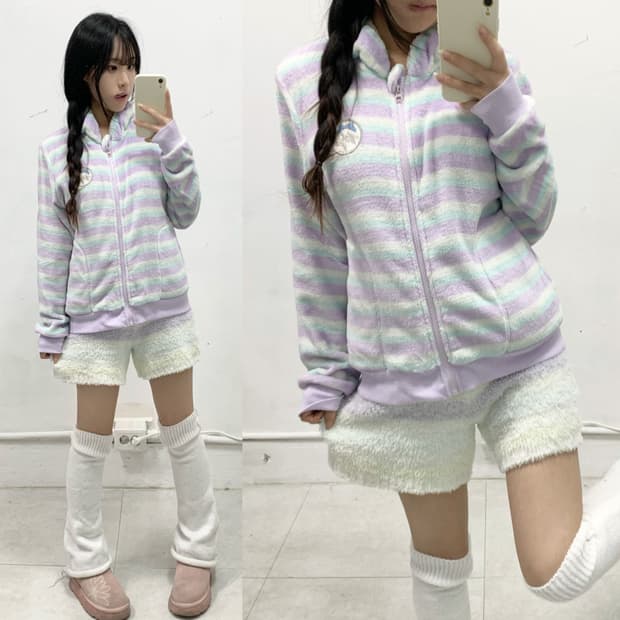 조지후쿠 파스텔 스트라이프 폭닥 후드집업