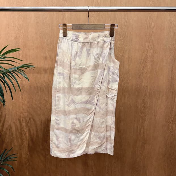 살바토레 페라가모 린넨 랩 스커트 보태니컬 리프 패턴 H라인 베이지