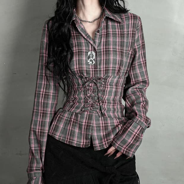 달링유어배드 체크 코르셋 셔츠 핑크그레이