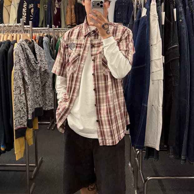 XL)할리데이비슨 빈티지 3포캣 체크패턴 반팔 셔츠