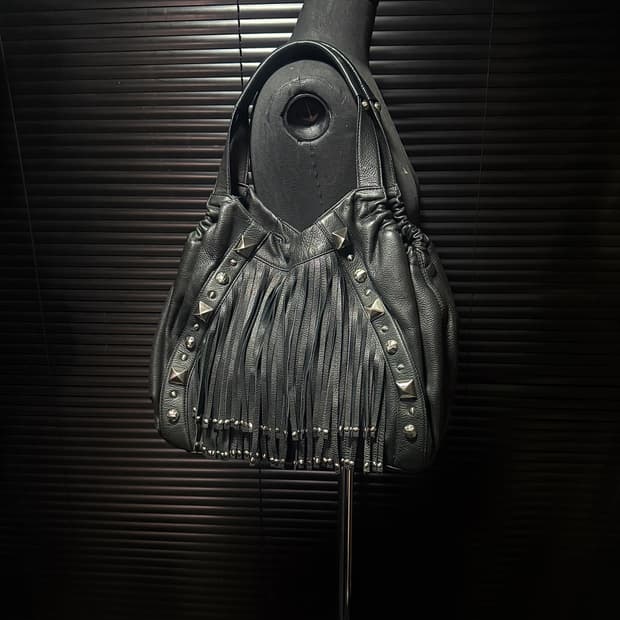 CETTU 찡 스터드 블랙 레더 소가죽 프린지 웨스턴 숄더백 고스 펑크