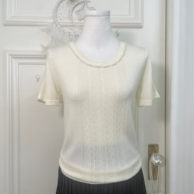 cream ivory beads point half knit top