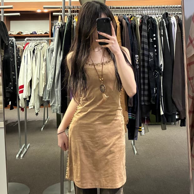 XS)Japanese vintage 구슬 크로셰 디테일 스웨이드 원피스