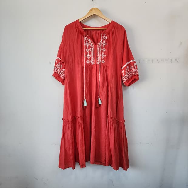 zooc 레드 에스닉 자수 롱 원피스