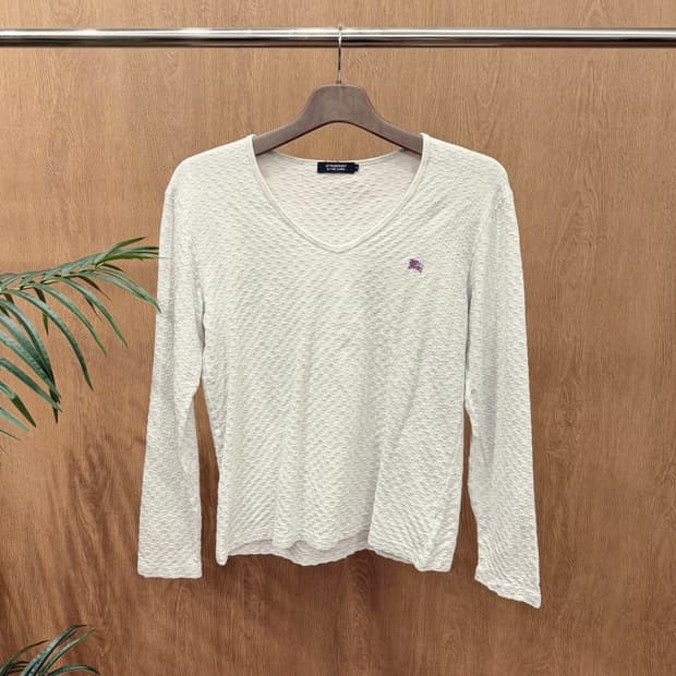 버버리 블랙라벨 라운드넥 티셔츠 긴팔 그리드 패턴 로고 디테일 화이트