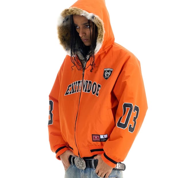 Orange Fur-Lined Patch Hooded Jacket 