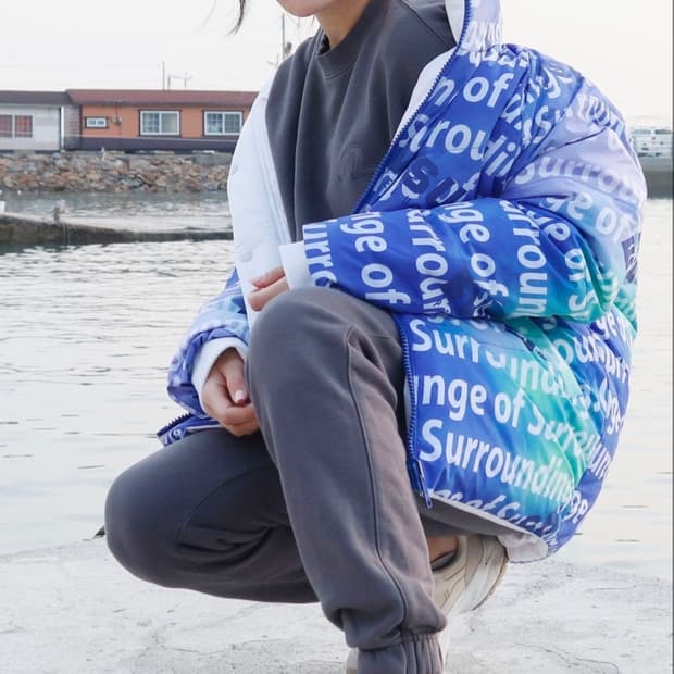 EVISU 양면 프린팅 패딩블루 리버시블
