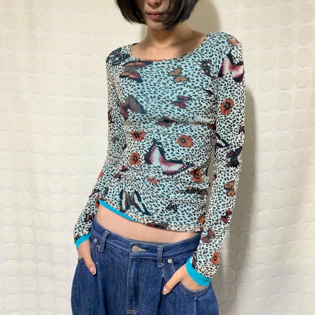 kenzo 파란 나비 망사 긴팔티