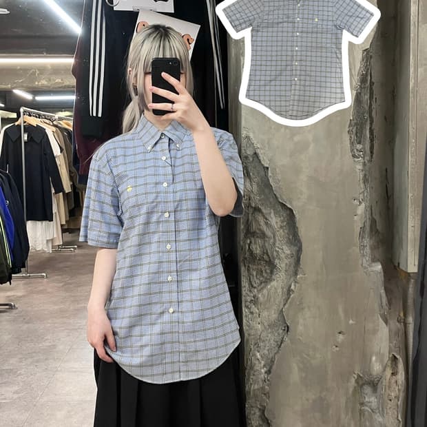브룩스 브라더스 체크 반팔 셔츠 스카이블루 M  #csz3708