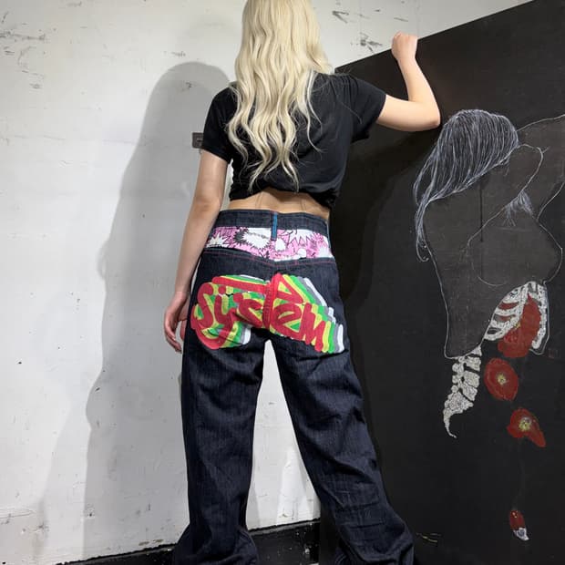 90s JPN 일본 빈티지 락 펑크 프린팅 와이드 데님 팬츠 청바지