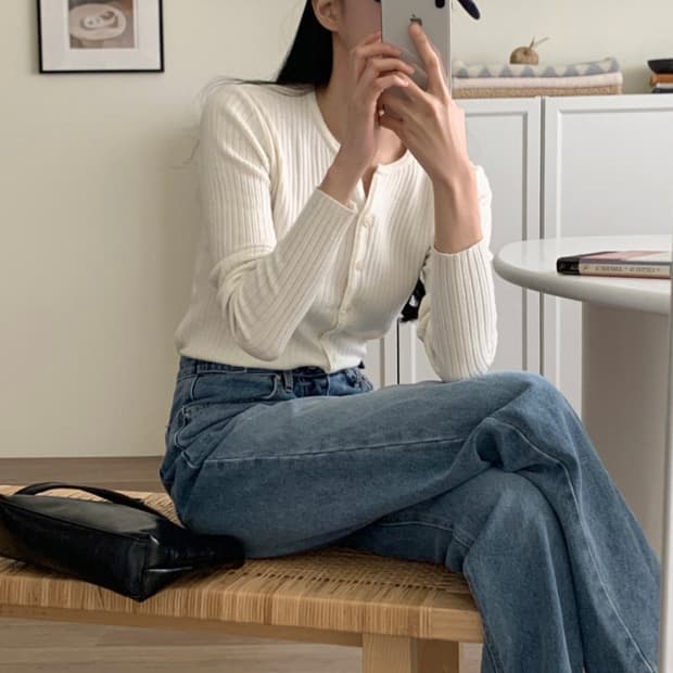 (미개봉, 새상품) 98도씨 킨더 Y넥 슬림 골지가디건 아이보리 색상