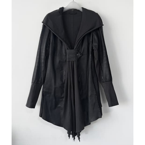 이태리 BROGDEN 텍스처블록 레더 블록 후드 롱 자켓