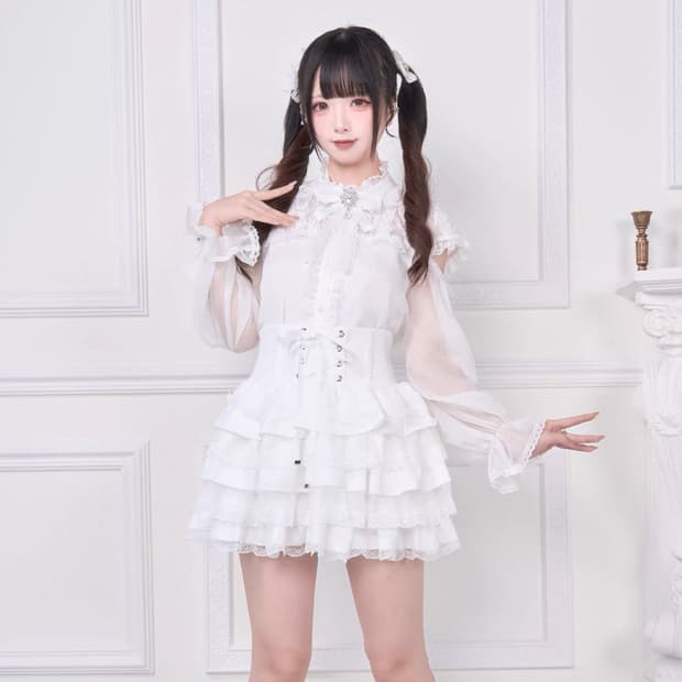 no genki 노겐키 화이트 긴팔 시스루 리본 레이스 블라우스 스커트