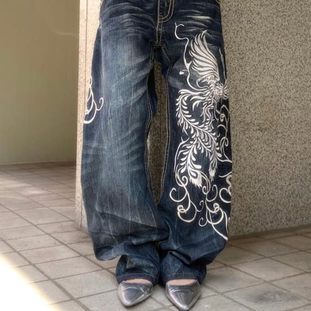 y2k 빈티지 자수 데님 청바지