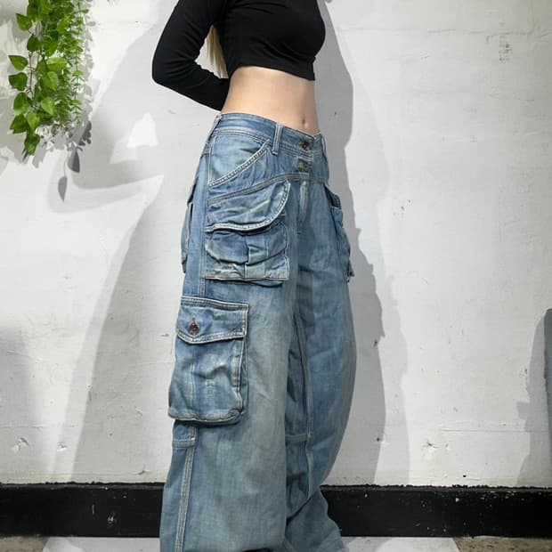 A.N.B 대장급 유틸리티 멀티 포켓 데님 와이드 카고 팬츠 청바지 