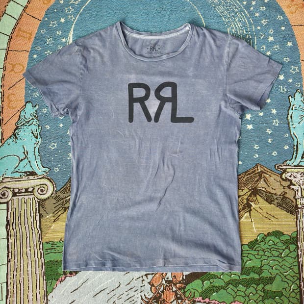 RRL 더블알엘 로고 티셔츠 더스티 블루 페이딩됨