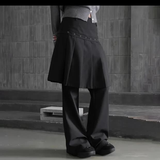 바이너리원 슈드 레이어드 아일렛 스커트 팬츠 블랙