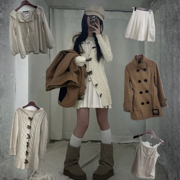 오네 라떼 갸루깔 브라운 코트 떡볶이 니트 후드 [스윙잉홍대 코디세트]