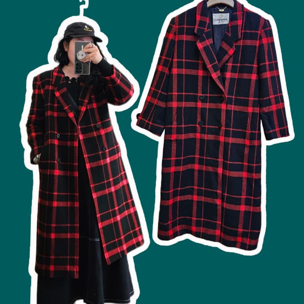 Cojana 레드&블랙 타탄체크 더블 울 코트