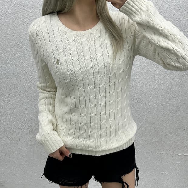 폴로 랄프로렌 글리터포니 아이보리 꽈배기 니트 M