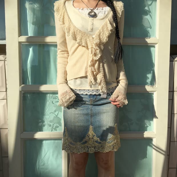 Crochet ruffle point ribbed knit cardiga