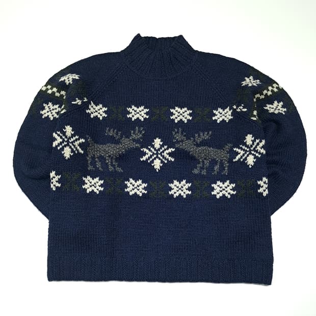 CL068 엘엘빈 울실크 90s 순록노르딕 네이비 목넥 니트 스웨터