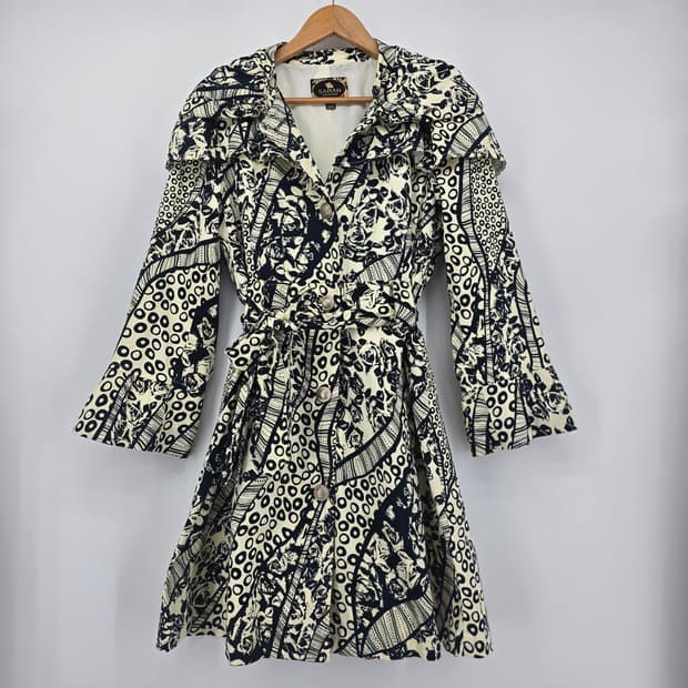 SARAH COLLECTION 패턴 벨트 원피스 프릴 카라 빈티지 여성 