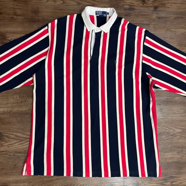 90s~00s 폴로 랄프로렌 스트라이프 럭비티 레드 네이비