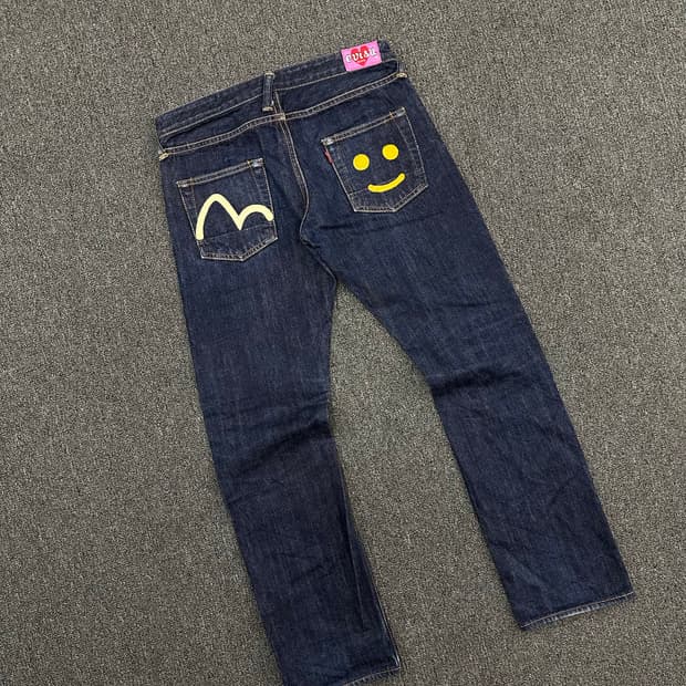 27)에비수 빈티지 포켓 스마일 프린팅 여성 셀비지 데님팬츠