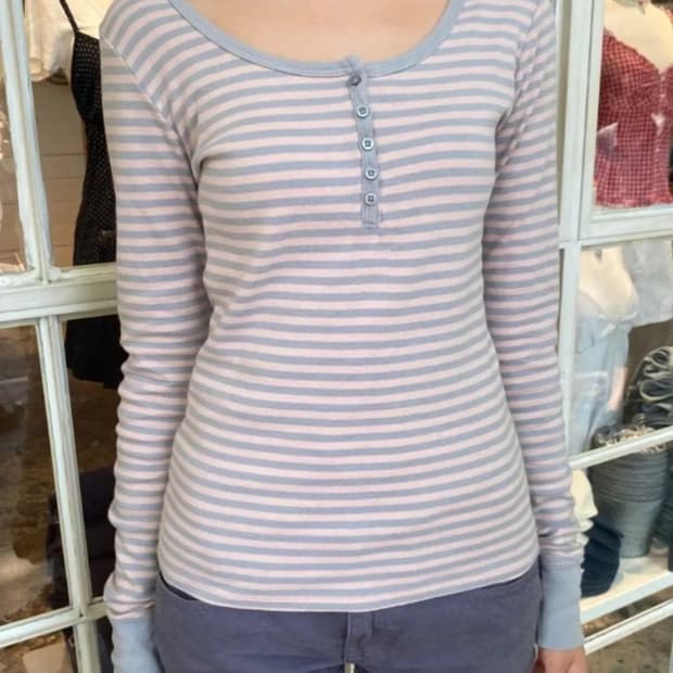 브랜디멜빌 젤리탑 헨리넥 스트라이프 롱슬리브 딸기우유 핑크그레이