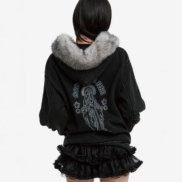 러프넥 블레스 퍼 집업 후디 차콜