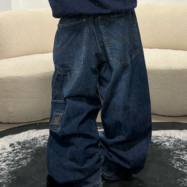 90s 올드스쿨 진청 데님 카팬터 와이드팬츠