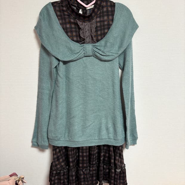 엑시즈팜 민트초코 리본 체크 원피스