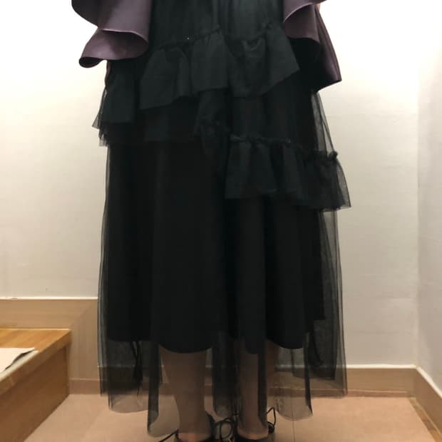 빈티지 블랙 레이스 러플 롱 스커트