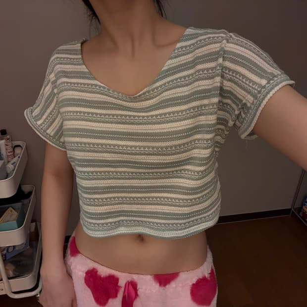 스트라이프 오프숄더 니트 셔링 크롭 반팔티 민트 그린 모리걸 하구미